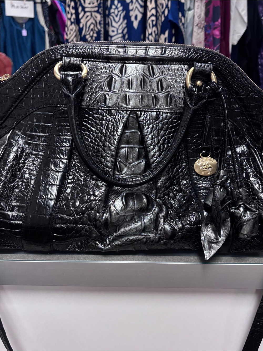 Brahmin Black Croc-Embossed Satchel with Tassel Charm